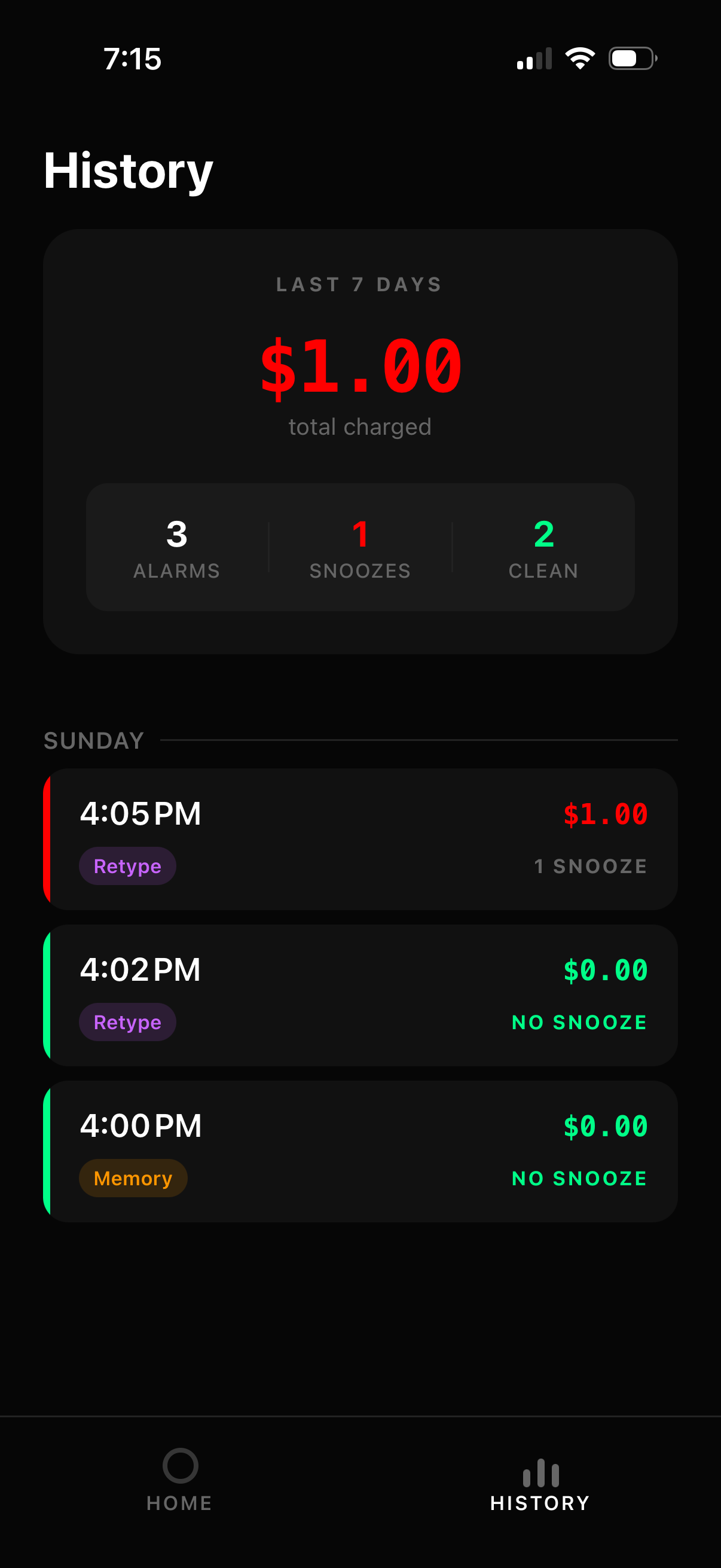Snooze history list showing past payments