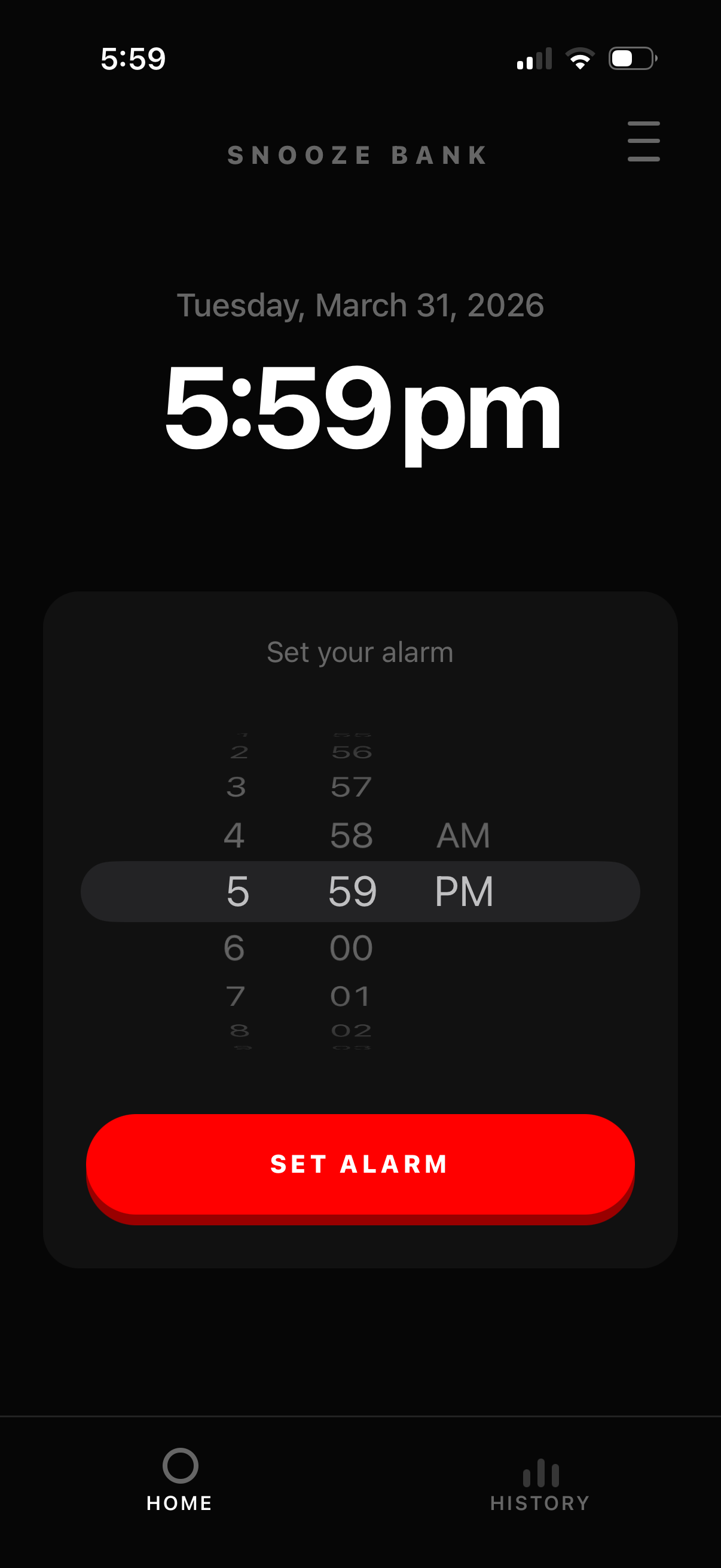Phone UI showing an active alarm with a prominent red snooze button and rising cost counter